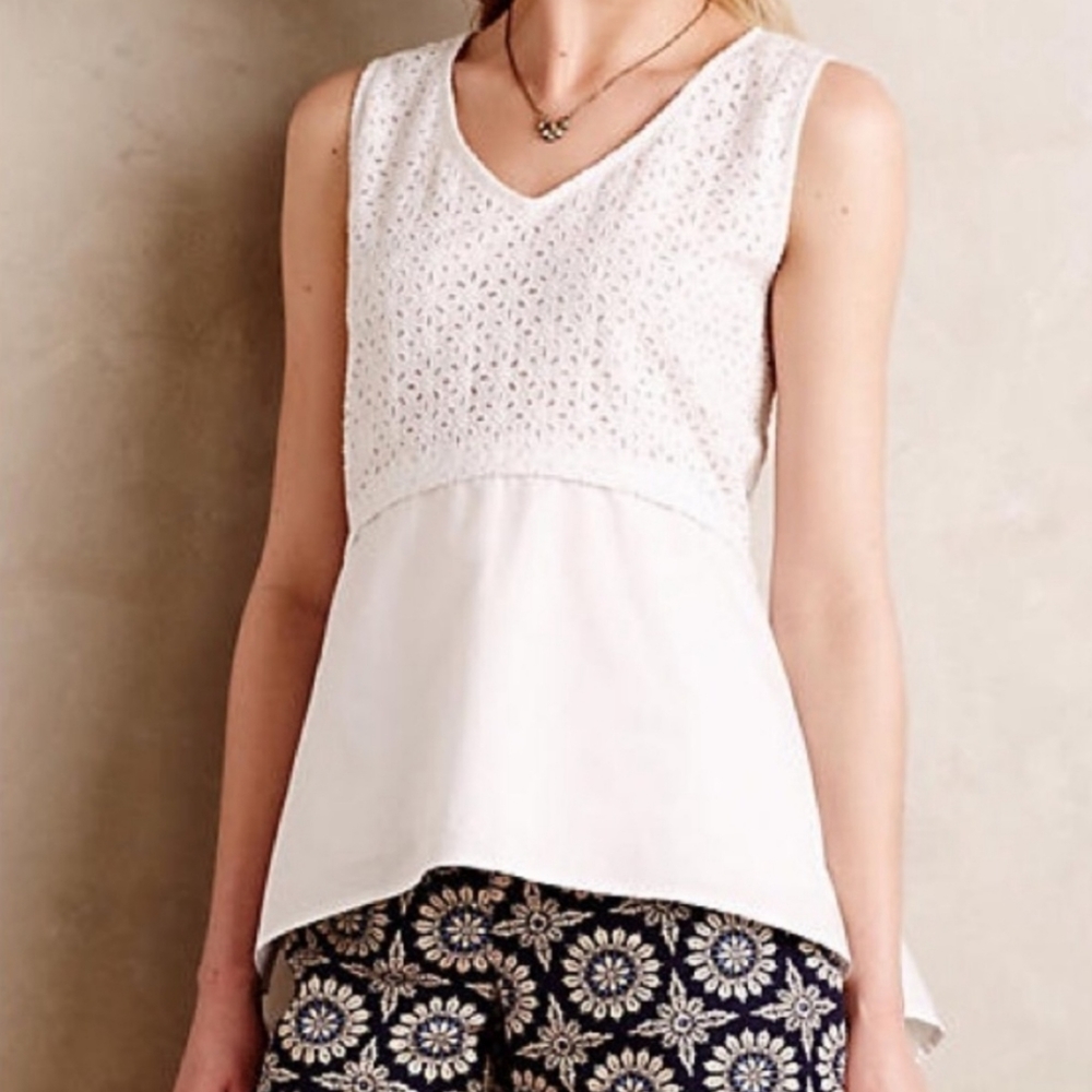 Anthropologie Eyelet Hi Low Empire Waist Blouse by HD in Paris White Size M
